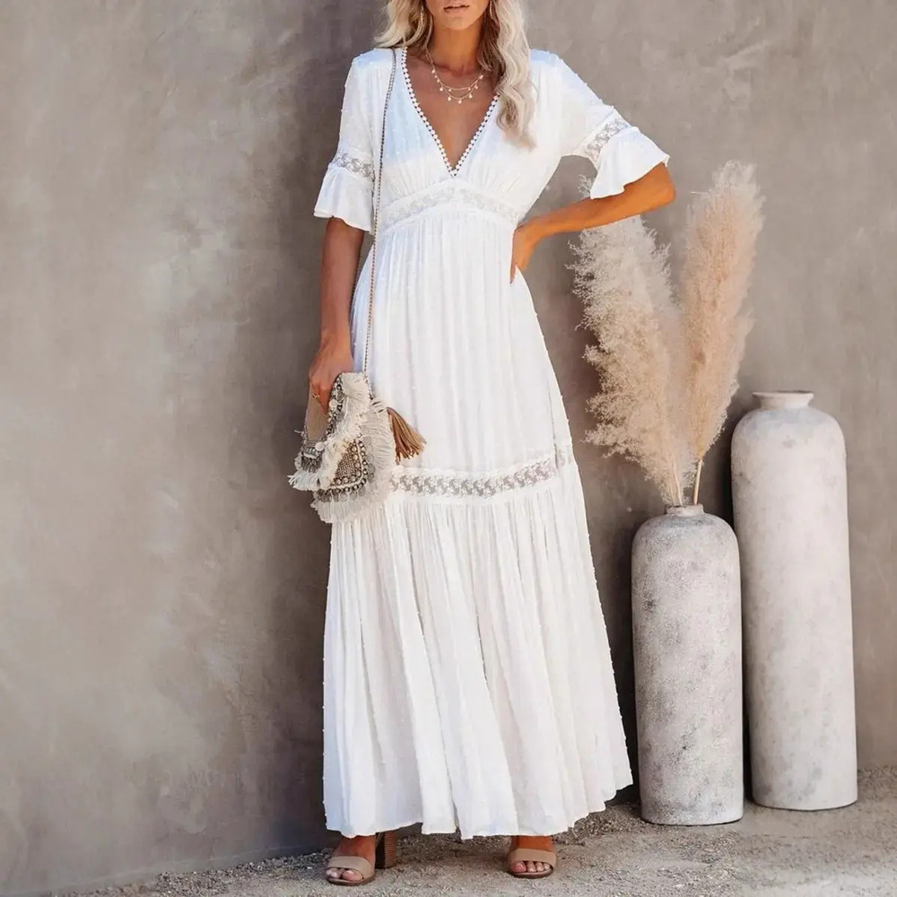ZARA Short Sleeve Solid Lace Trim Maxi Dress